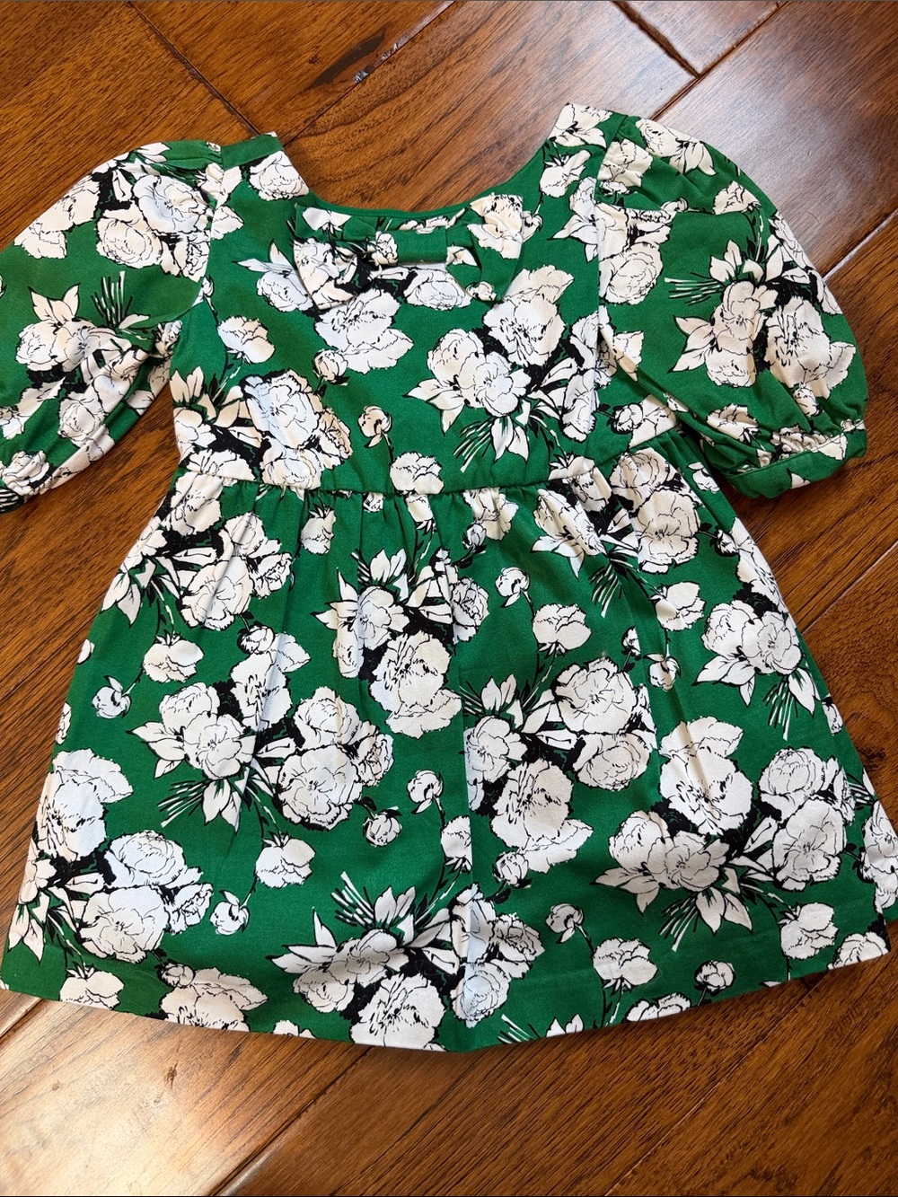 Janie and Jack Green and White Floral Puff-Sleeve Dress